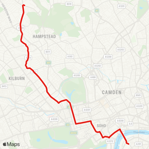 TfL Golders Green - Childs Hill - Fortune Green - W Hampstead - Abbey Rd - Lisson Grove - Baker St - Oxford Circus - Trafalgar Square - Waterloo map