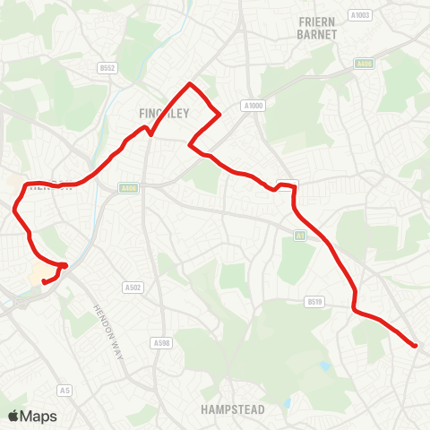 TfL Brent Cross - Hendon Central - Finchley Central - E Finchley - Highgate - Archway map