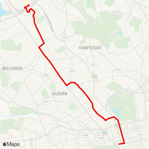 TfL Brent Cross, Shopping Ctr - Brent Cross W Sta - Cricklewood - Brondesbury - Kilburn - Abbey Rd - Lisson Grove - Baker St - Marble Arch map