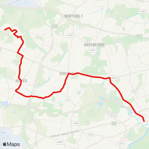 TfL Charville Ln Estate - Hayes - Bulls Bridge - Southall - Ealing Hosp - Hanwell - Boston Manor - Brentford, Cty Court map