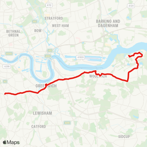 TfL Thamesmead - Eynsham Dr - Plumstead - Woolwich - New Charlton - Greenwich - Deptford Bridge - New Cross - Peckham map