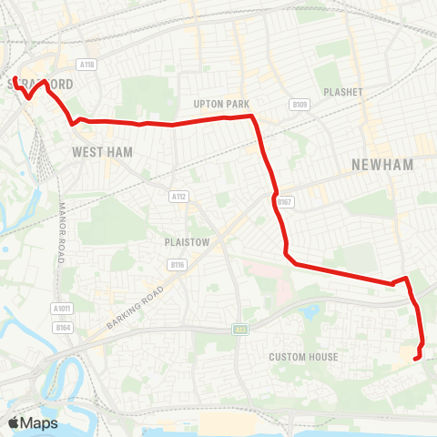 TfL Stratford - Plashet - Upton Pk - Lonsdale Av - E Ham - Beckton map