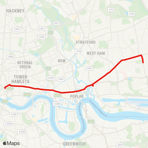 TfL E Ham, Central Pk - Boleyn - Greengate - Canning Town - All Saints - Limehouse - Stepney - Aldgate map