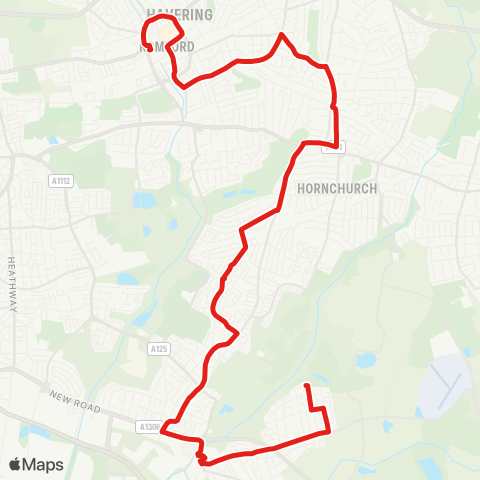 TfL Romford, The Brewery, Market and Sta - Gidea Pk - Emerson Pk Sta - Hornchurch - Elm Pk - S Hornchurch - Rainham, Tesco and Abbey Wood Ln map