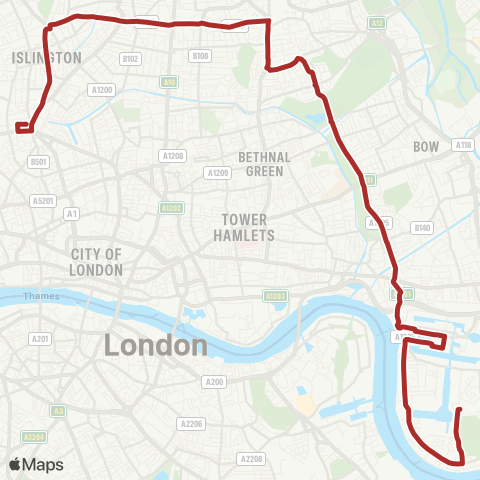 TfL Islington, Angel - Hackney Central - Mile End - Canary Wharf - Crossharbour map