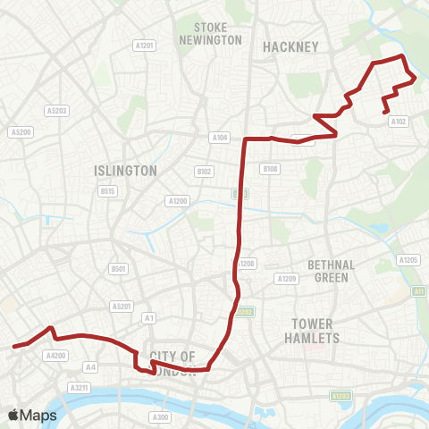 TfL Homerton Hosp - Clapton Pk Millfields - Hackney Central - Dalston Jct - Shoreditch - Liverpool St - Bank - Holborn - Tottenham Court Rd map