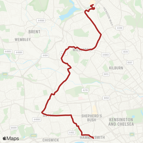 TfL Hammersmith - Starch Green - Acton Vale - Acton Town Ctr - Acton Main Line Sta - N Acton - Willesden Jct - Harlesden - Willesden Green - Cricklewood - Brent Cross map