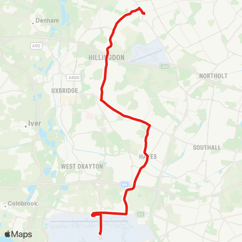 TfL Heathrow Central - Harlington - Hayes - Church Rd - Hayes End - Long Ln - Hillingdon Sta - Ickenham - Ruislip map