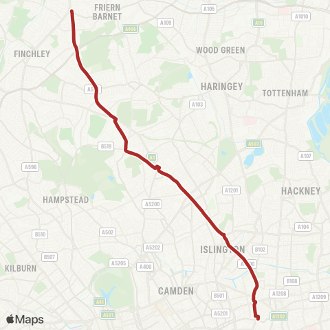 TfL N Finchley - E Finchley - Highgate Village - Archway - Holloway Rd - Highbury Corner - Hoxton - Old St - Moorgate, Finsbury Square map