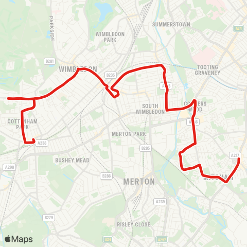 TfL Raynes Pk - Copse Hill - Wimbledon Village - Wimbledon - Haydons Rd - Colliers Wood - Phipps Bridge - Mitcham map