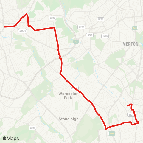 TfL Kingston - New Malden - Worcester Pk - N Cheam - Cheam Village - Sutton Town Ctr - Sutton, Bushey Rd map