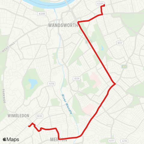 TfL Wimbledon - S Wimbledon - Colliers Wood - Tooting Bway - Tooting Bec - Wandsworth Common - Clapham Jct map