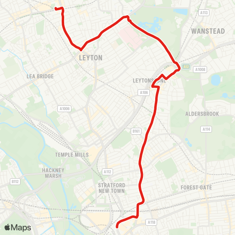 TfL Stratford - Maryland - Leytonstone - Whipps Cross - Leyton, Bakers Arms - Hoe St - Walthamstow Central map