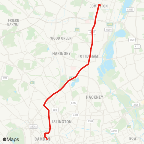 TfL Edmonton Green - Upper Edmonton - Tottenham - Seven Sisters - Manor House - Finsbury Pk - Holloway - Caledonian Rd - King's Cross map