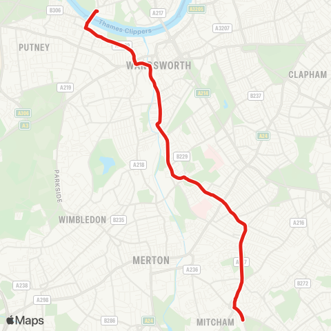 TfL Putney Bridge - Putney Bridge Rd - Wandsworth - Garratt Ln - Earlsfield - Summerstown - Tooting Bway - Mitcham map