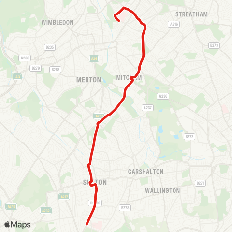 TfL Tooting, St George's Hosp - Tooting - Mitcham - Rose Hill - Sutton - Belmont map