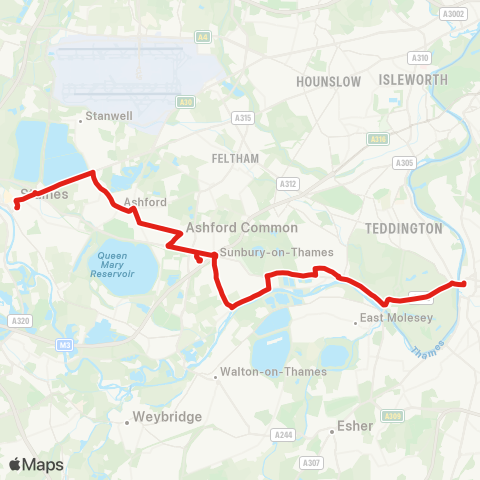 TfL Staines - Ashford - Ashford Common - Sunbury (Tesco) - Sunbury Village - Hampton Sta - Hampton Court Green - Kingston map