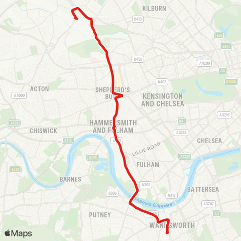 TfL Willesden Jct - Scrubs Ln - White City - Shepherds Bush - Hammersmith - Putney Bridge - Wandsworth map