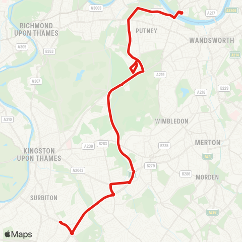 TfL Putney Bridge - Roehampton - Tolworth map