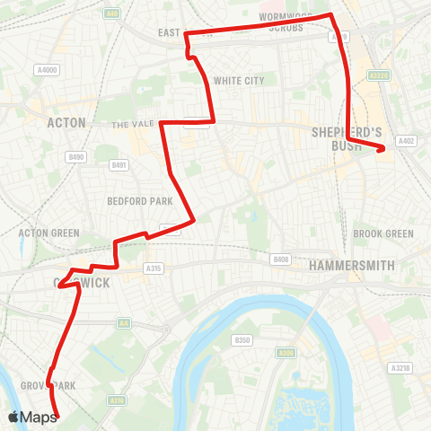 TfL Chiswick, Grove Pk - Chiswick Sta - Turnham Green - Larden Rd - Acton Vale - E Acton - White City - Shepherds Bush map