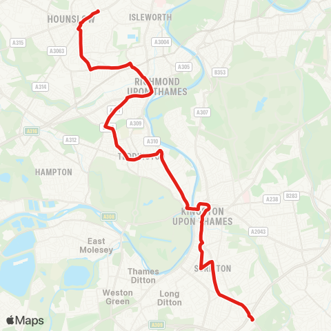 TfL Hounslow, Bus Sta - Whitton Church - Twickenham - Teddington - Hampton Wick - Kingston - Surbiton - Tolworth map