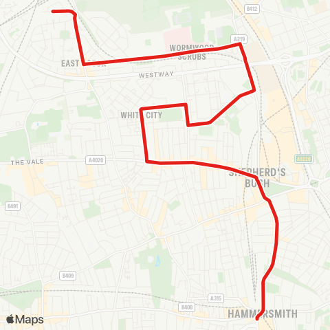 TfL E Acton - Du Cane Rd - Hammersmith Hosp - White City Estate - Shepherd's Bush Green - Hammersmith map