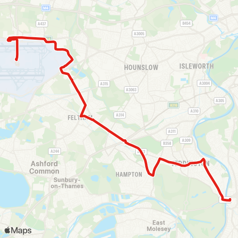 TfL Heathrow Central - Harlington Corner - Hatton Cross - Feltham - Hanworth - Hampton, Sainsbury's - Hampton Hill - Teddington - Hampton Wick - Kingston map