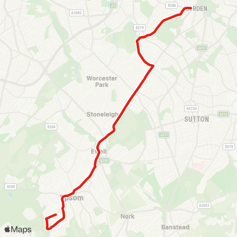 TfL Morden - Hillcross Av - Lower Morden - N Cheam - Ewell Village - Epsom - Epsom Hosp map