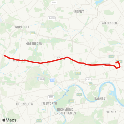 TfL Hayes By-Pass - Southall - Ealing Hosp - Hanwell - W Ealing - Ealing Bway - Ealing Common - Acton Town Ctr - White City map