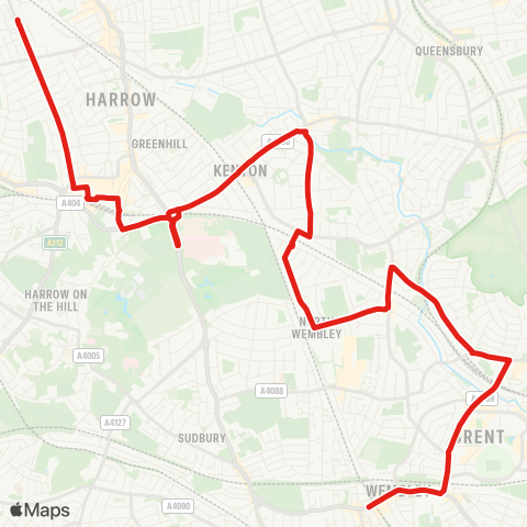 TfL Harrow View - Harrow Town Ctr - Northwick Pk Hosp - Kenton - Woodcock Hill - S Kenton - Preston Rd - The Av - Wembley Pk - Wembley Central map