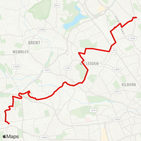 TfL Ealing Bway - Montpelier - Hanger Ln Sta - Pk Royal - Central Middlesex Hosp - Harlesden - Willesden - Dollis Hill - Cricklewood - Golders Green map