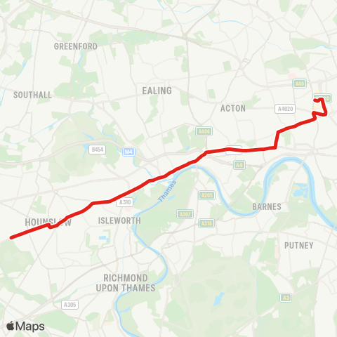 TfL Hounslow Heath - Hounslow - Isleworth - Brentford - Kew Bridge Sta - Gunnersbury - Chiswick High Rd - Stamford Brook - Starch Green - Shepherd's Bush - White City map