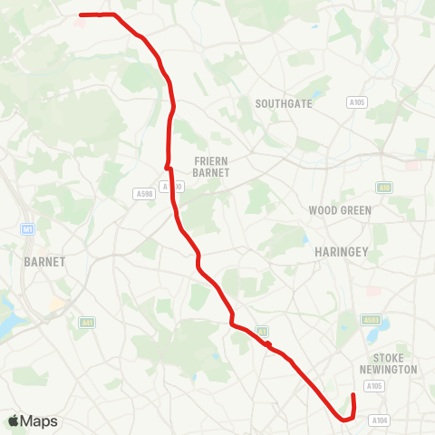 TfL Highbury Barn - Holloway Rd - Archway - Highgate - E Finchley - N Finchley - Whetstone - Barnet Hosp map