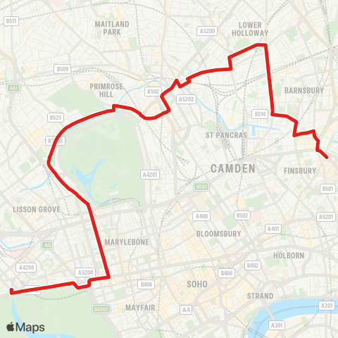 TfL Islington, Angel - Caledonian Pk - Camden Town - London Zoo - Baker St - Marble Arch - Lancaster Gate map