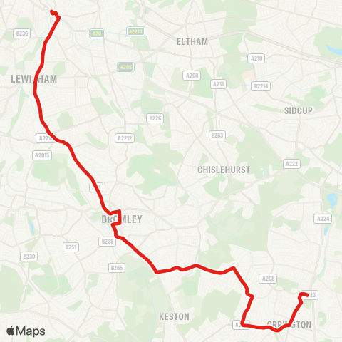 TfL Lewisham Sta - Catford - Bellingham - Downham - Bromley - Bromley Common - Southborough - Petts Wood - Orpington Sta - Orpington, Perry Hall Rd map