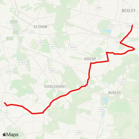 TfL Bexleyheath, Town Ctr - Bexley - Sidcup - Queen Marys Hosp - Chislehurst Common and Sta - Bickley - Bromley N map