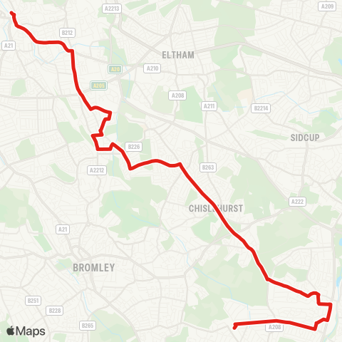 TfL Lewisham, Tesco, Sta and Town Ctr - Hither Green Sta - Lee Sta - Grove Pk - Chislehurst - St Mary Cray - Petts Wood map