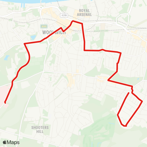 TfL Queen Elizabeth Hosp - Woolwich Arsenal - Plumstead Common - Woodlands Estate map