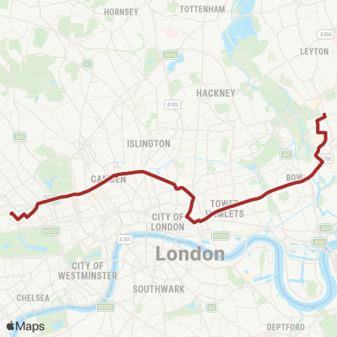 TfL Paddington - King's Cross - Liverpool St - Mile End - Leyton, Downsell Rd map