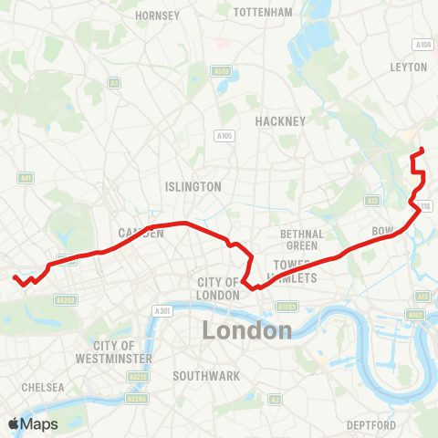 TfL Paddington - Baker St Sta - Euston - King's Cross - Angel - Shoreditch - Liverpool St - Aldgate - Whitechapel - Mile End - Bow - Stratford City - Leyton, Downsell Rd map