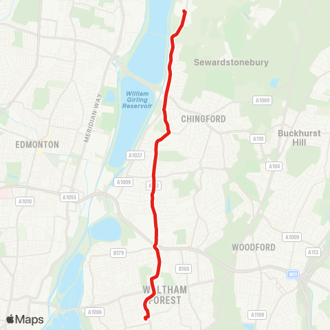 TfL Lee Val Campsite - Yardley Ln Estate - Sewardstone Rd - Chingford Mt - Crooked Billet - Walthamstow Central map