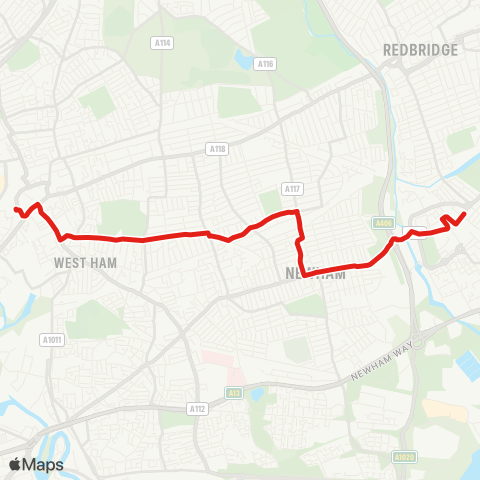 TfL Stratford - Portway - Plashet Rd - Upton Pk - Plashet Grove - E Ham - Barking map