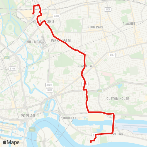 TfL Stratford City Bus Sta - Stratford Bus Sta - Plaistow Sta - Barking Rd (Plaistow) - Canning Town Recreation Ground - Prince Regent Bus Sta - Royal Wharf map