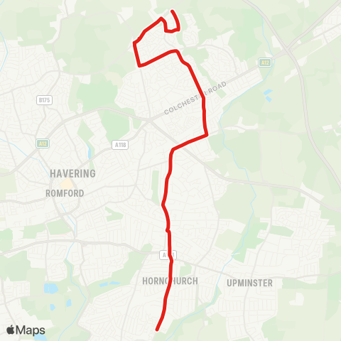 TfL Hornchurch, St George's Pk, Sta and Town Ctr - Emerson Pk - Ardleigh Green - Harold Wood Sta - Harold Hill - Noak Hill map