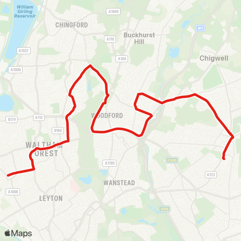 TfL Walthamstow, St James St - Highams Pk - Woodford Green - Woodford Sta - Woodford Bridge - Tomswood Hill - Fullwell Cross - Barkingside map