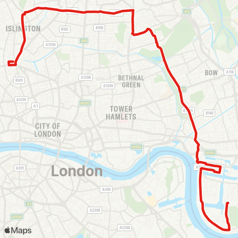 TfL Islington, Angel - Dalston Jct - Hackney Central - Victoria Pk - Mile End - Westferry - Canary Wharf - Mudchute - Crossharbour map