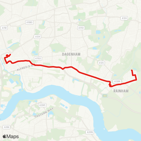 TfL Barking - Ripple Rd - Rippleside - Goresbrook - Dagenham (Chequers Corner) - New Rd - Rainham (Tesco) - Upminster Rd S and N - Rainham, Abbey Wood Ln map