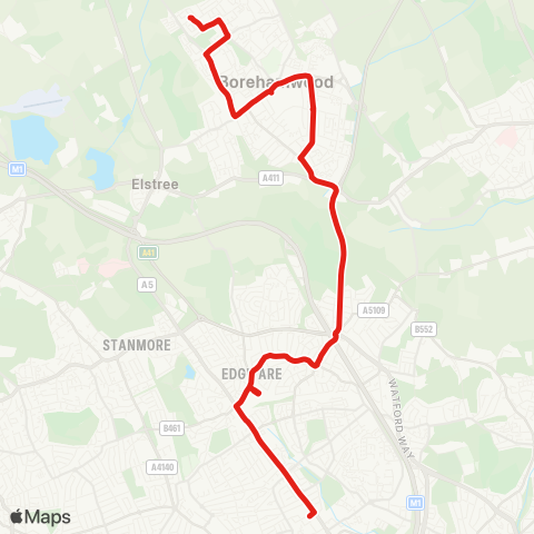 TfL Borehamwood, Rossington Av - Elstree & Borehamwood Sta - Borehamwood Tesco - Ripon Pk - Stirling & Apex Corners - Hale Ln - Edgware - Burnt Oak - Colindale, Superstores map