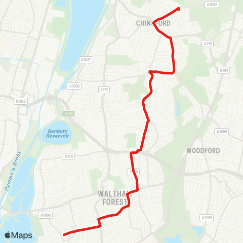 TfL Chingford Sta - Chingford Hatch - Highams Pk - Church Hill - Walthamstow Central - Watthamstow, St James's St Sta map