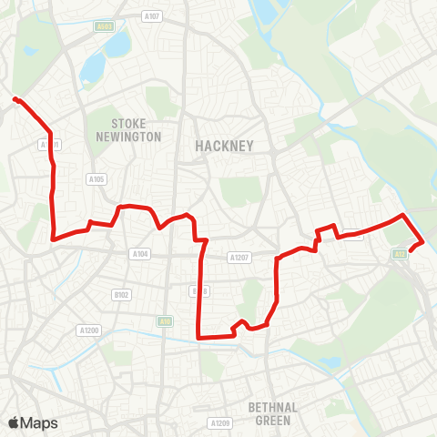 TfL Finsbury Pk Sta - Highbury Barn - Canonbury - Newington Green - Dalston - Bway Market - Hackney - Homerton Hosp - Hackney Wick map